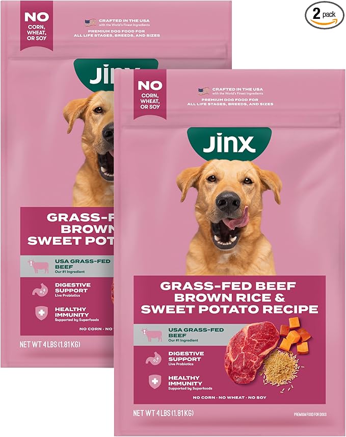 Jinx Premium Dry Dog Food, for All Lifestages - Real Beef, Brown Rice & Sweet Potato Kibble with Superfoods for Immune Support & Probiotics for Digestive Support - No Fillers - 4lb (Pack of 2)