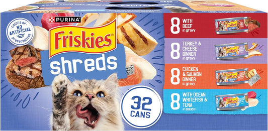 Friskies Purina Wet Cat Food Variety Pack, Shreds with Beef, Turkey & Cheese Dinner, Chicken & Salmon Dinner, and with Ocean Whitefish and Tuna - 5.5 oz. Cans (Pack of 80)