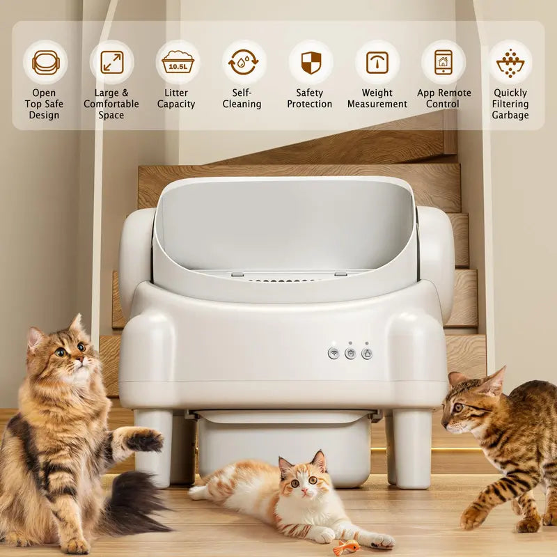 TAYACICY Open Top Automatic Litter Box - Self-Cleaning, App-Controlled (2.4G WiFi Only) for Multiple Cats with Safety Sensors, Odor Control, 2 Liner Rolls, Large Waste Bin, Cream White,back to school