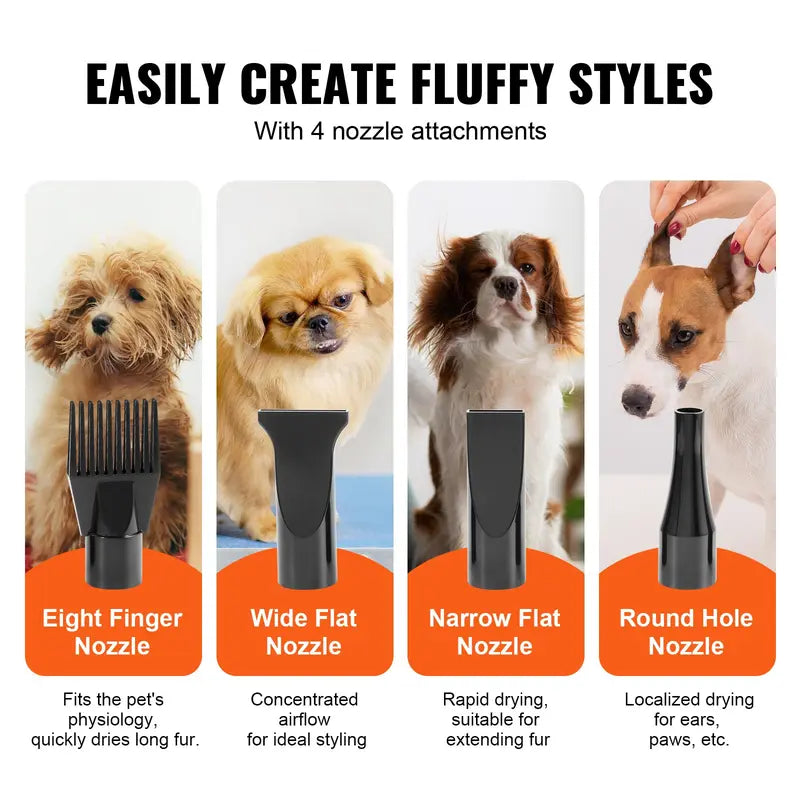 VEVOR 2000W/2.7HP Functional Dog Blow Dryer Single Unit, Pet Grooming Dryer with Adjustable Speed, Hot & Cold Temperature Control, 4 Nozzles, Extendable Connecting Hose, Grey Black