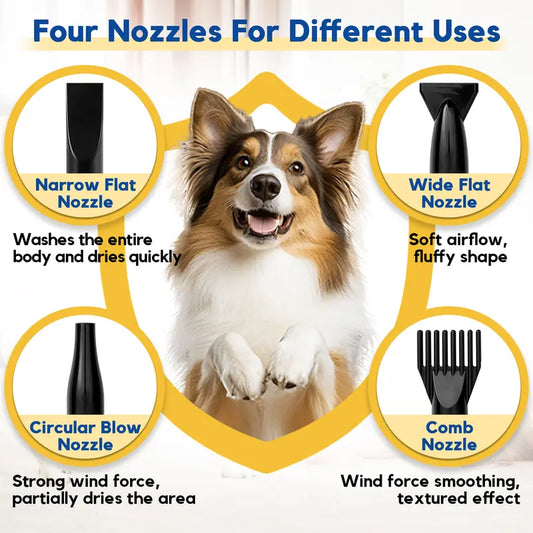High Velocity Dog Hair Dryer Pet Grooming Tool, Noise-Reducing Force Blower with 4 Nozzles, Adjustable Temperature-Speed, Heat Protection, Plastic Body for Pet Supplies Calm Drying Sessions