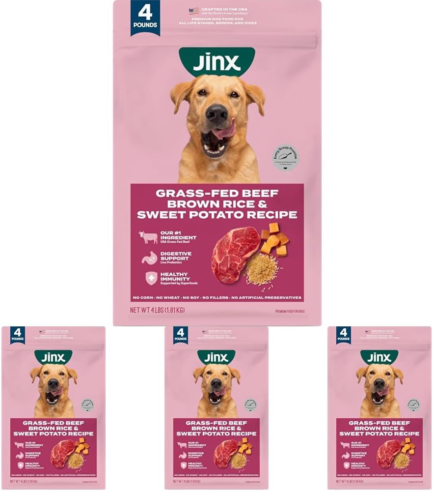 Jinx Premium Dry Dog Food, for All Lifestages - Real Beef, Brown Rice & Sweet Potato Kibble with Superfoods for Immune Support & Probiotics for Digestive Support - No Fillers - 4lb (Pack of 2)