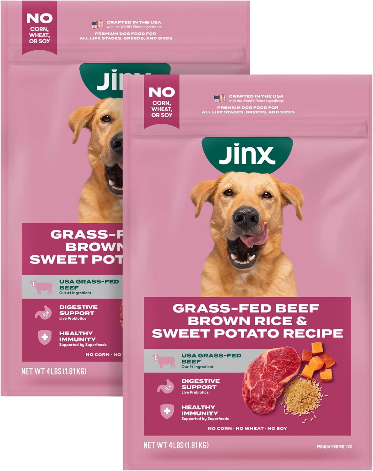 Jinx Premium Dry Dog Food, for All Lifestages - Real Beef, Brown Rice & Sweet Potato Kibble with Superfoods for Immune Support & Probiotics for Digestive Support - No Fillers - 4lb (Pack of 2)