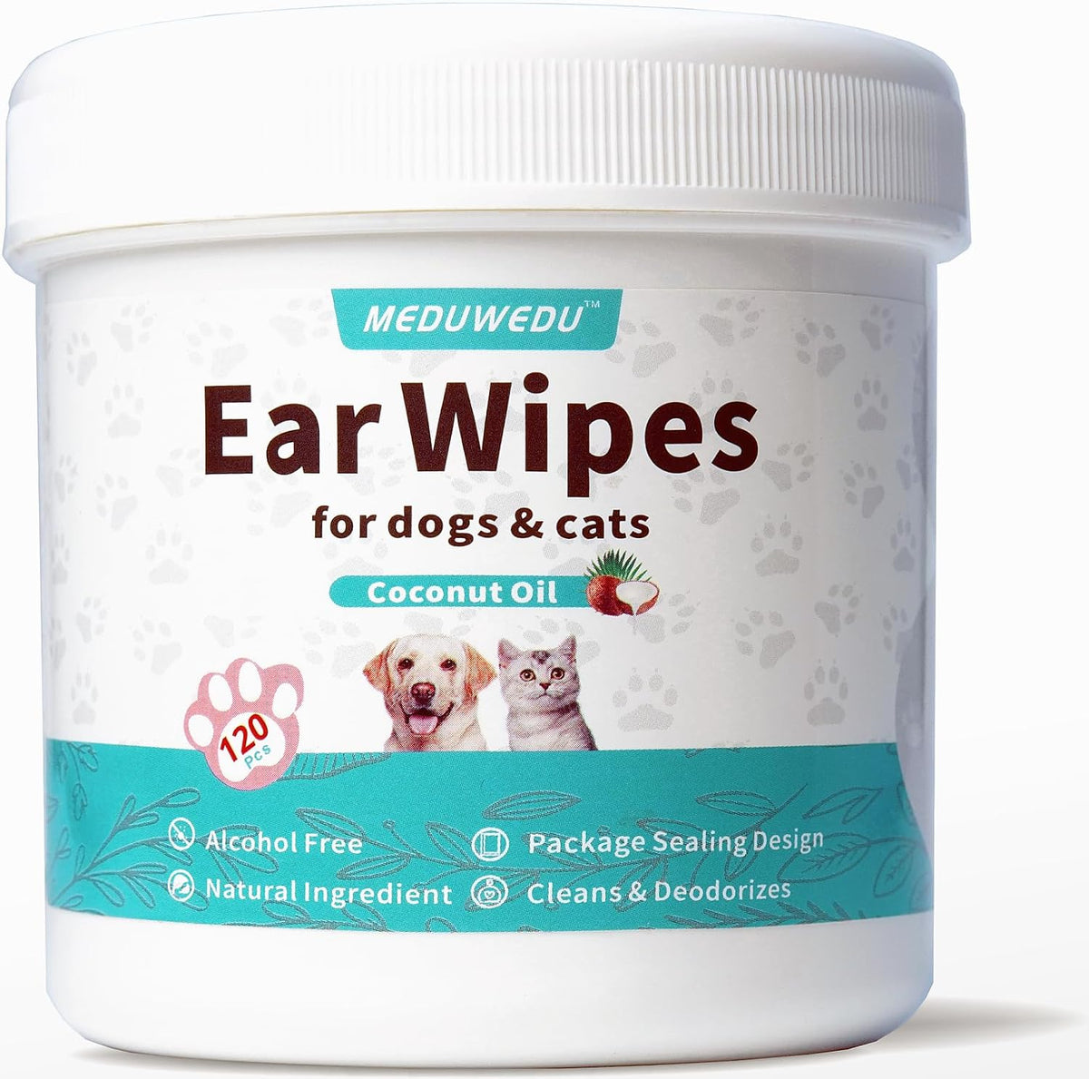 MEDUWEDU Ear Cleaner Finger Wipes 60 Counts, Dog Ear Cleaner, Grooming Kit Care for Dogs and Cats, Soft & Easy Otic Cleaning Pads, Remove Wax, Dirt & Stop Smelly, Itchy, Non-Irritating, Coconut Scent