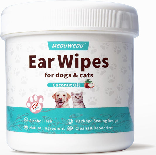 MEDUWEDU Ear Cleaner Finger Wipes 60 Counts, Dog Ear Cleaner, Grooming Kit Care for Dogs and Cats, Soft & Easy Otic Cleaning Pads, Remove Wax, Dirt & Stop Smelly, Itchy, Non-Irritating, Coconut Scent