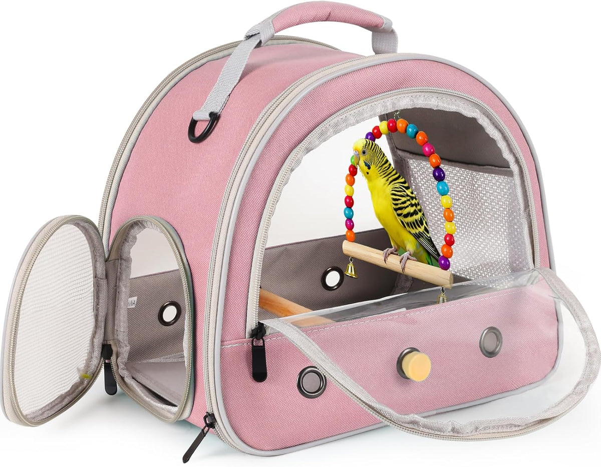 Portable Parrot Travel Cage Carrier with Small Swing Toy&Cage Colorful Toys Set Small Bird Parakeet Bag with Standing Perch Bird Carry Transport Bag (Black, Carreir/Swing)