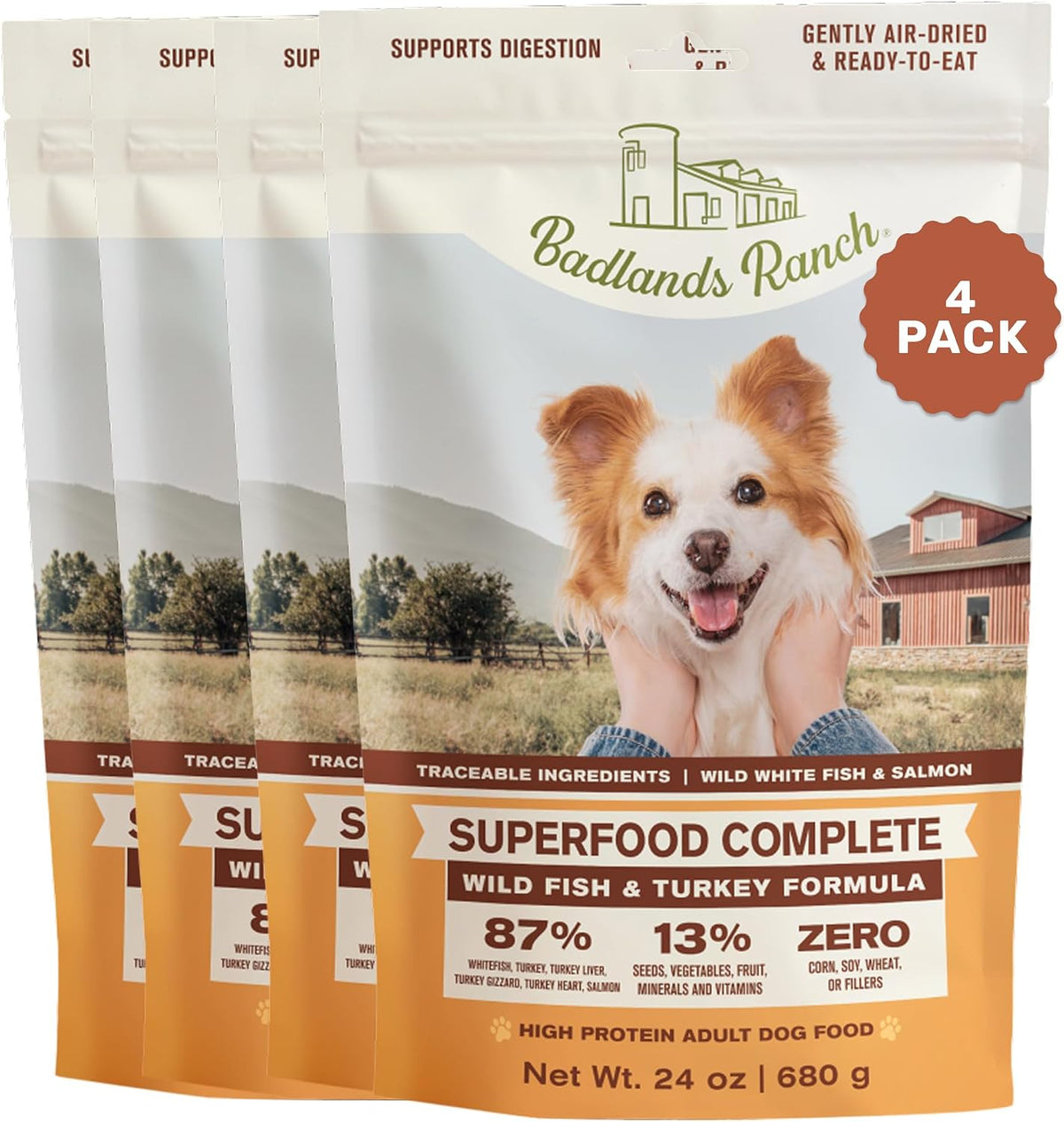 BADLANDS RANCH Air-Dried Fish & Turkey Dog Food, 87% Meat, 24 oz