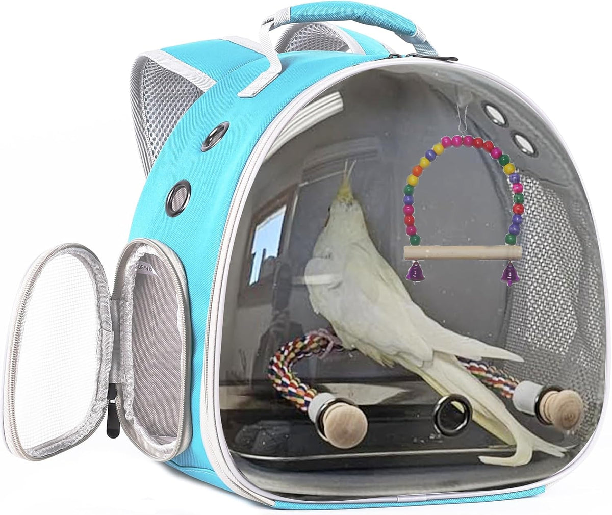 Portable Parrot Travel Cage Carrier with Small Swing Toy&Cage Colorful Toys Set Small Bird Parakeet Bag with Standing Perch Bird Carry Transport Bag (Black, Carreir/Swing)