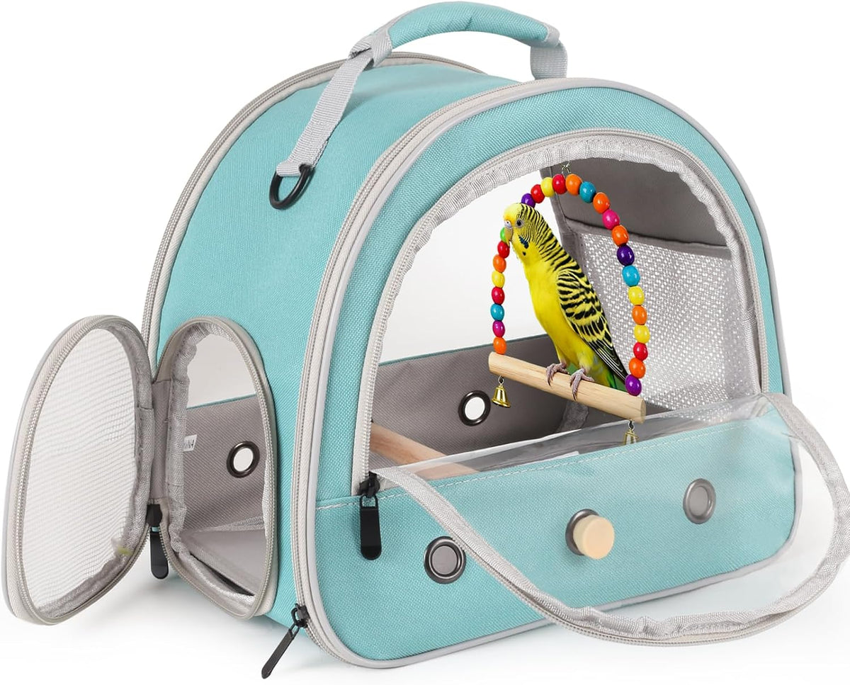 Portable Parrot Travel Cage Carrier with Small Swing Toy&Cage Colorful Toys Set Small Bird Parakeet Bag with Standing Perch Bird Carry Transport Bag (Black, Carreir/Swing)