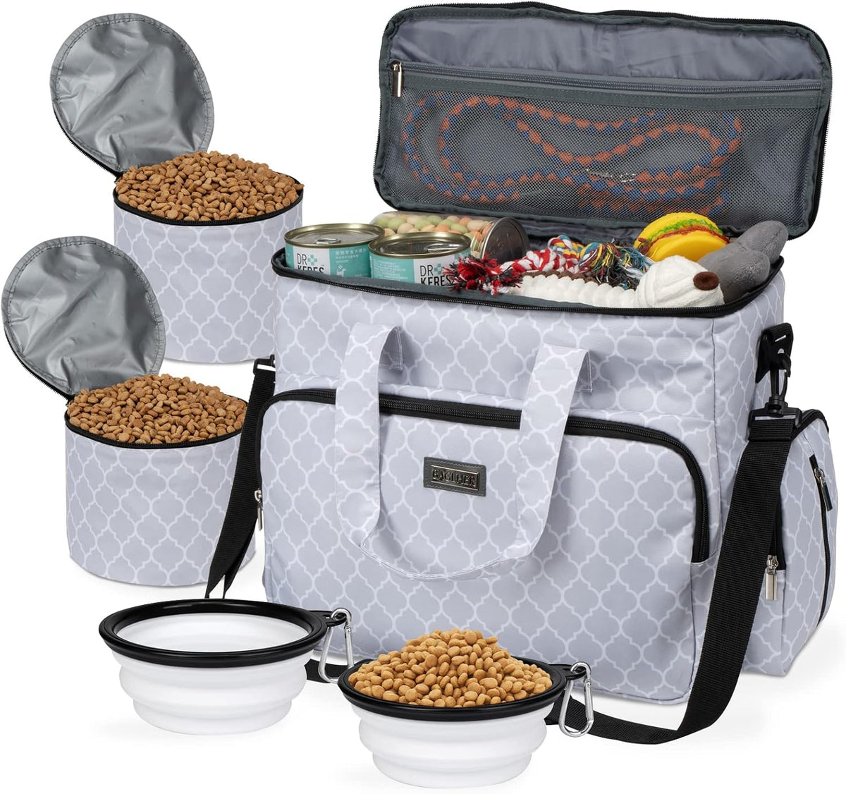 BAGLHER Dog Travel Bag, Airline Approved Pet Tote Organizer with Multi-Function Pockets, 2 X Food Storage Containers and 2 X Collapsible Bowls, Perfect Weekend Pet Travel Set for Dog, Cat Black