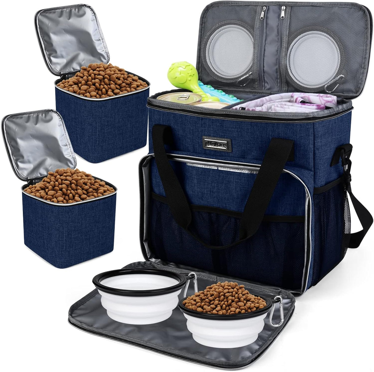 BAGLHER Dog Travel Bag, Airline Approved Pet Tote Organizer with Multi-Function Pockets, 2 X Food Storage Containers and 2 X Collapsible Bowls, Perfect Weekend Pet Travel Set for Dog, Cat Black