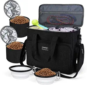BAGLHER Dog Travel Bag, Airline Approved Pet Tote Organizer with Multi-Function Pockets, 2 X Food Storage Containers and 2 X Collapsible Bowls, Perfect Weekend Pet Travel Set for Dog, Cat Black