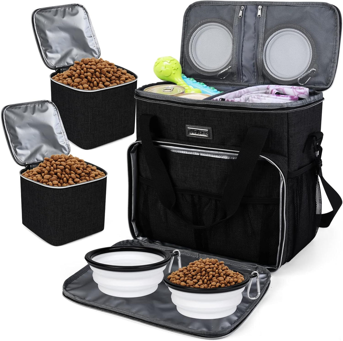 BAGLHER Dog Travel Bag, Airline Approved Pet Tote Organizer with Multi-Function Pockets, 2 X Food Storage Containers and 2 X Collapsible Bowls, Perfect Weekend Pet Travel Set for Dog, Cat Black