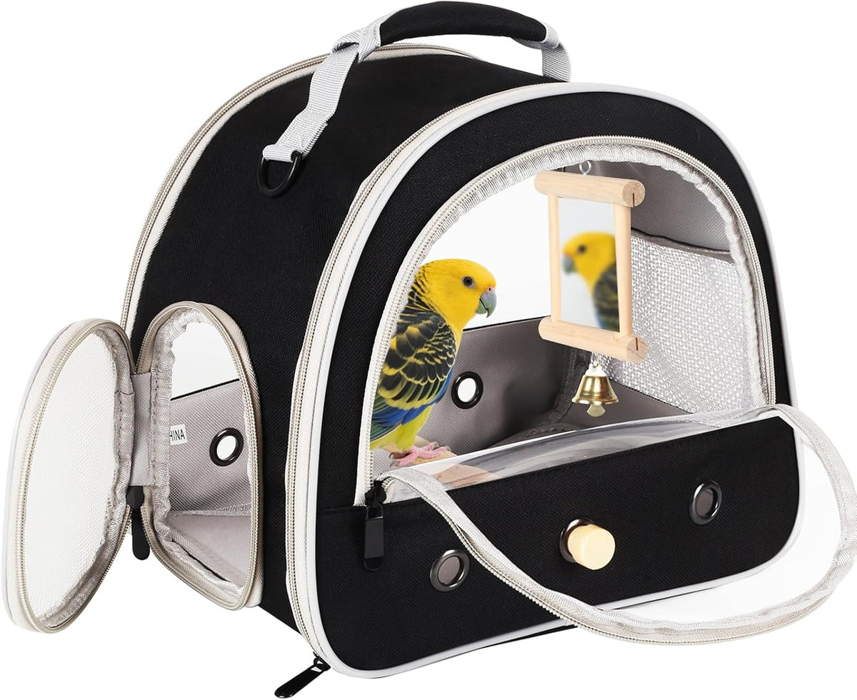 Portable Parrot Travel Cage Carrier with Small Swing Toy&Cage Colorful Toys Set Small Bird Parakeet Bag with Standing Perch Bird Carry Transport Bag (Black, Carreir/Swing)