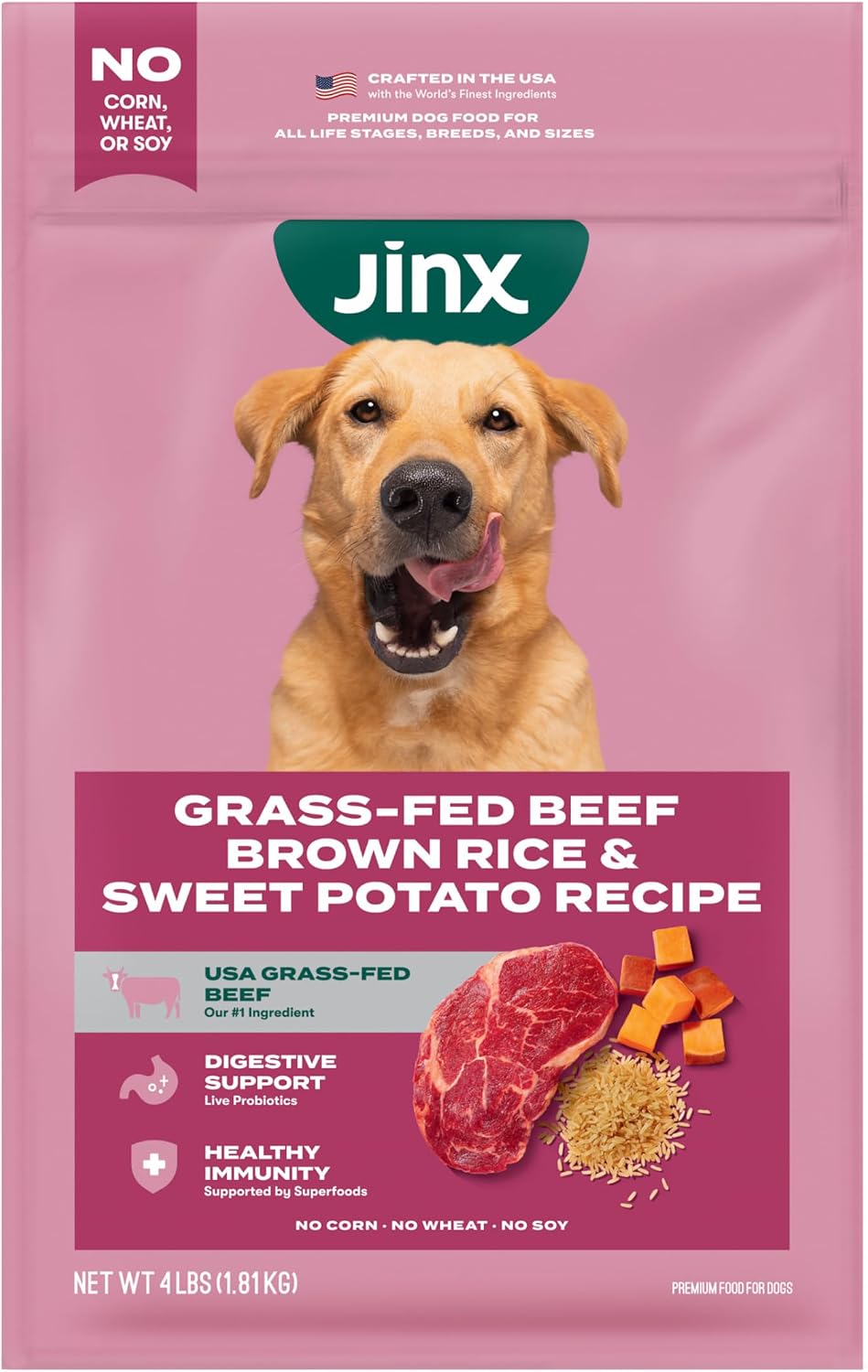 Jinx Premium Dry Dog Food, for All Lifestages - Real Beef, Brown Rice & Sweet Potato Kibble with Superfoods for Immune Support & Probiotics for Digestive Support - No Fillers - 4lb (Pack of 2)