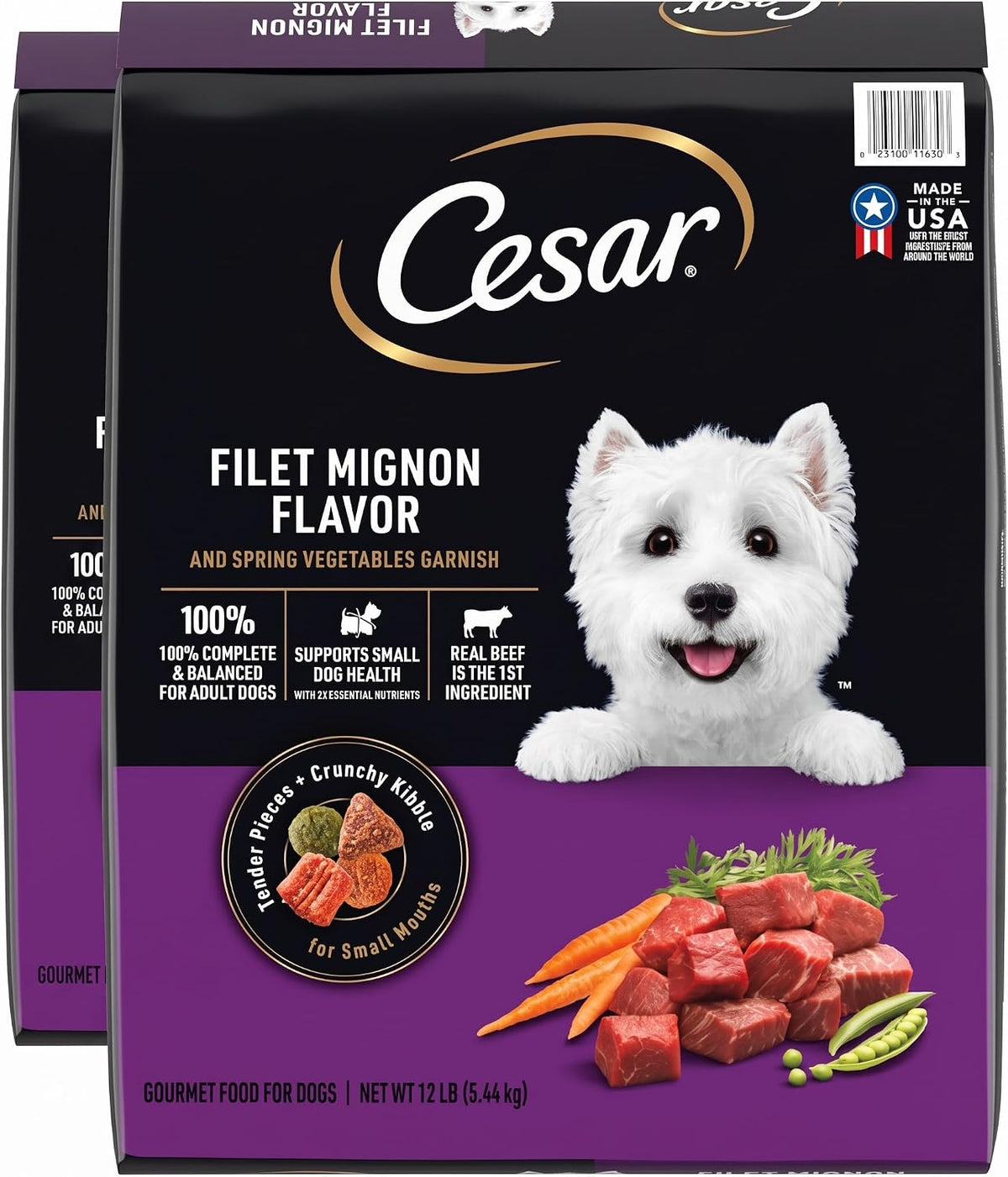 Cesar Small Breed Adult Dry Dog Food Filet Mignon Flavor with Spring Vegetables Garnish Dog Kibble, 12 lb. Bag (Pack of 2)