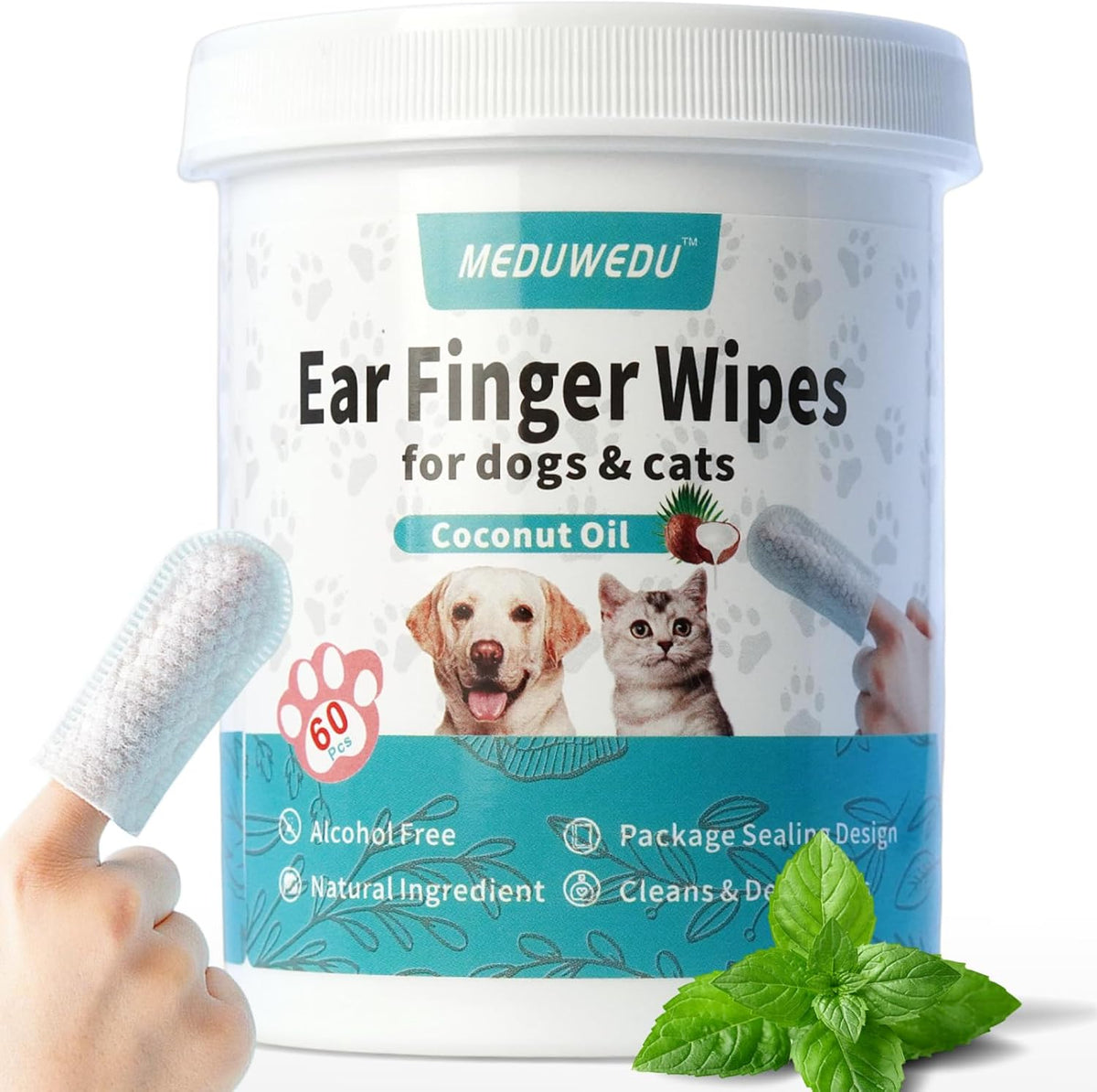 MEDUWEDU Ear Cleaner Finger Wipes 60 Counts, Dog Ear Cleaner, Grooming Kit Care for Dogs and Cats, Soft & Easy Otic Cleaning Pads, Remove Wax, Dirt & Stop Smelly, Itchy, Non-Irritating, Coconut Scent