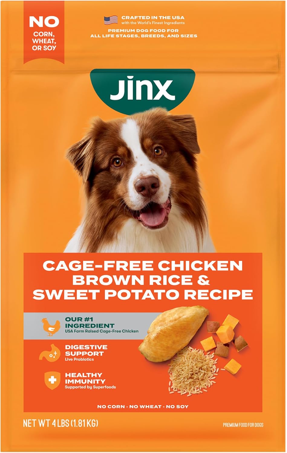 Jinx Premium Dry Dog Food, for All Lifestages - Real Beef, Brown Rice & Sweet Potato Kibble with Superfoods for Immune Support & Probiotics for Digestive Support - No Fillers - 4lb (Pack of 2)