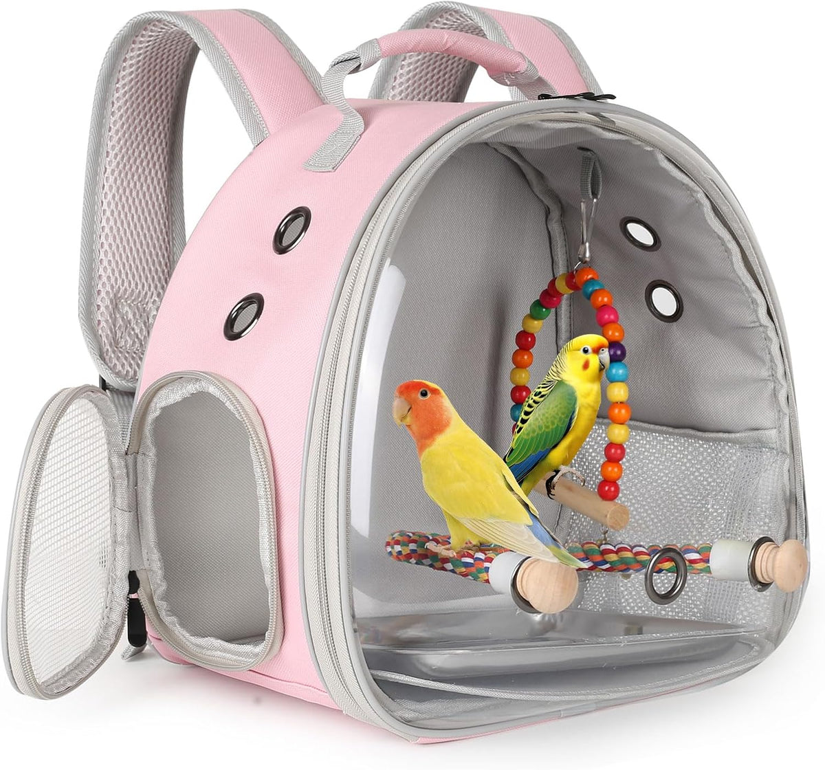 Portable Parrot Travel Cage Carrier with Small Swing Toy&Cage Colorful Toys Set Small Bird Parakeet Bag with Standing Perch Bird Carry Transport Bag (Black, Carreir/Swing)