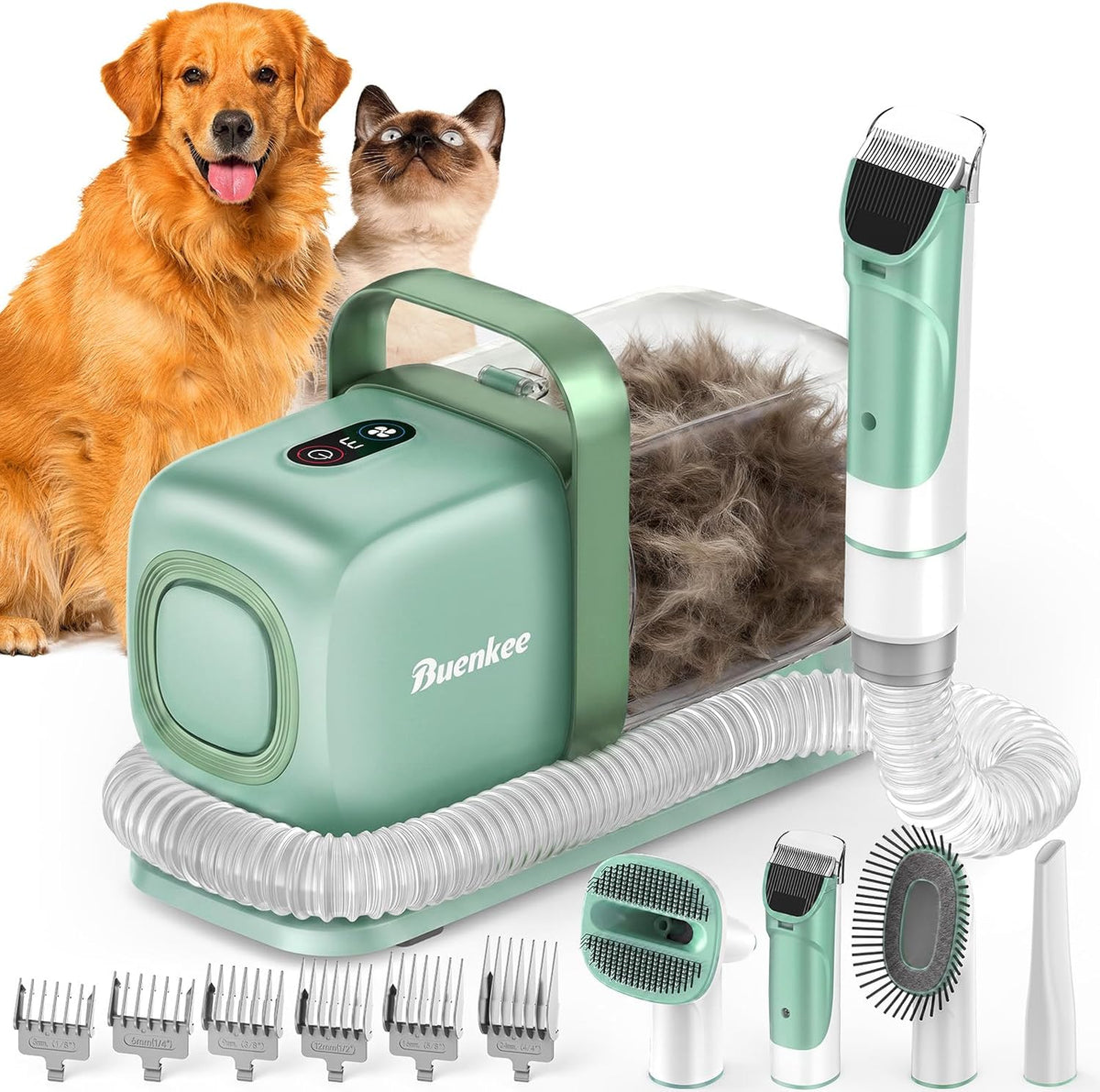 Buenkee Dog Grooming Vacuum Kit, 15000Pa Clipper, Shedding Brush, 2L, White