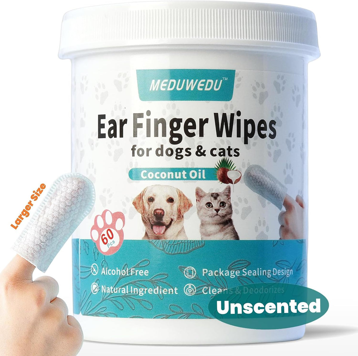 MEDUWEDU Ear Cleaner Finger Wipes 60 Counts, Dog Ear Cleaner, Grooming Kit Care for Dogs and Cats, Soft & Easy Otic Cleaning Pads, Remove Wax, Dirt & Stop Smelly, Itchy, Non-Irritating, Coconut Scent