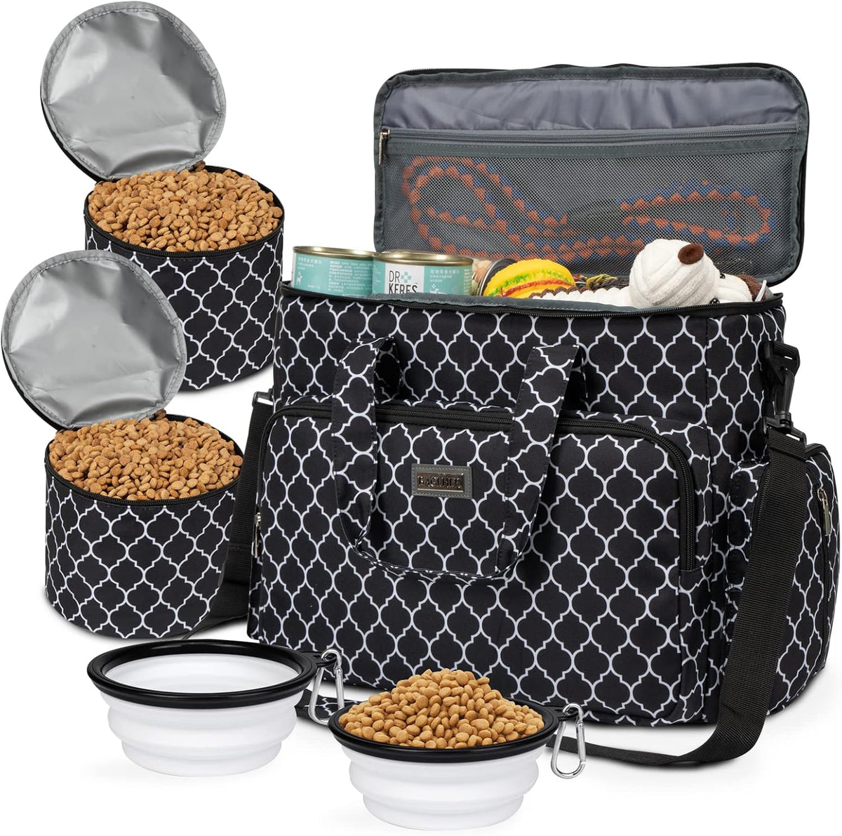 BAGLHER Dog Travel Bag, Airline Approved Pet Tote Organizer with Multi-Function Pockets, 2 X Food Storage Containers and 2 X Collapsible Bowls, Perfect Weekend Pet Travel Set for Dog, Cat Black