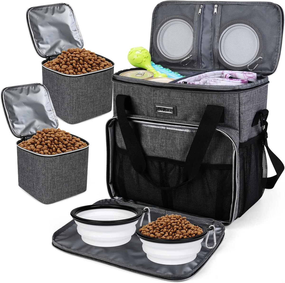 BAGLHER Dog Travel Bag, Airline Approved Pet Tote Organizer with Multi-Function Pockets, 2 X Food Storage Containers and 2 X Collapsible Bowls, Perfect Weekend Pet Travel Set for Dog, Cat Black