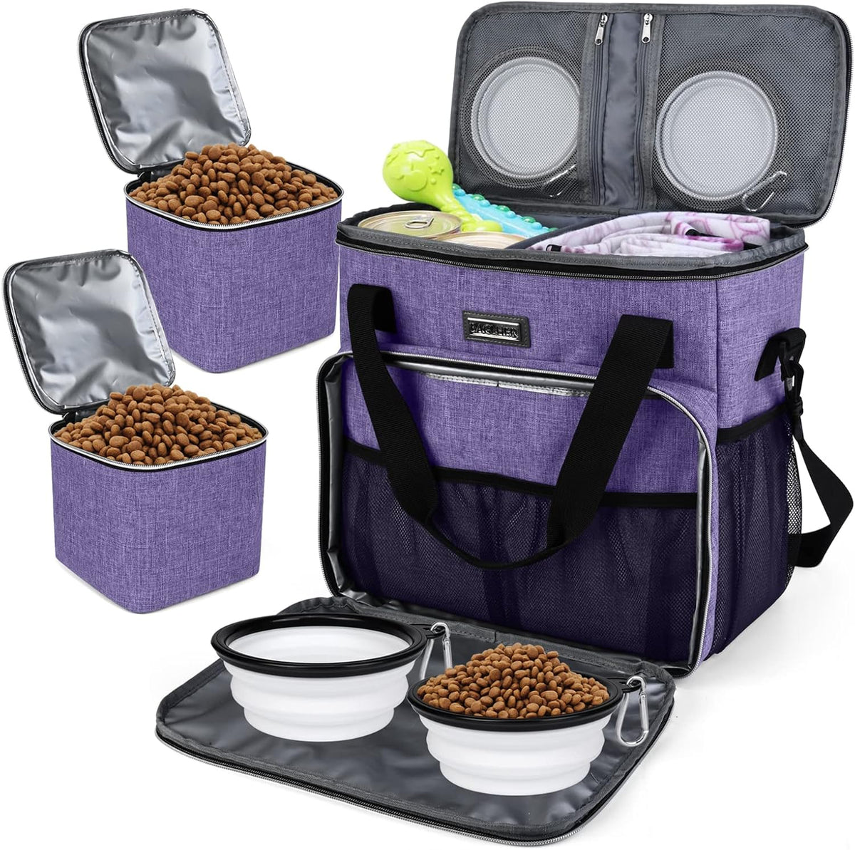 BAGLHER Dog Travel Bag, Airline Approved Pet Tote Organizer with Multi-Function Pockets, 2 X Food Storage Containers and 2 X Collapsible Bowls, Perfect Weekend Pet Travel Set for Dog, Cat Black