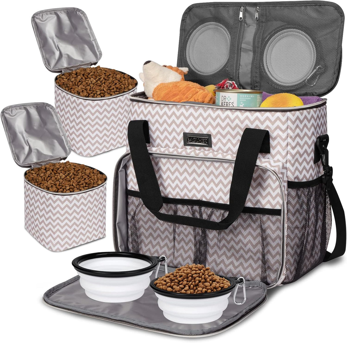 BAGLHER Dog Travel Bag, Airline Approved Pet Tote Organizer with Multi-Function Pockets, 2 X Food Storage Containers and 2 X Collapsible Bowls, Perfect Weekend Pet Travel Set for Dog, Cat Black
