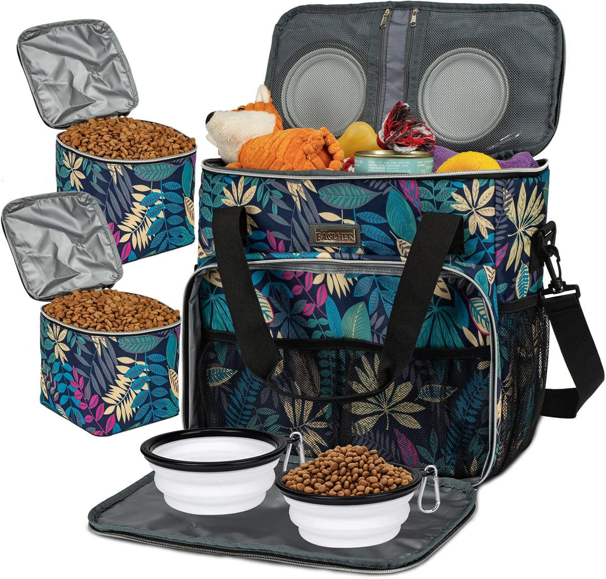 BAGLHER Dog Travel Bag, Airline Approved Pet Tote Organizer with Multi-Function Pockets, 2 X Food Storage Containers and 2 X Collapsible Bowls, Perfect Weekend Pet Travel Set for Dog, Cat Black