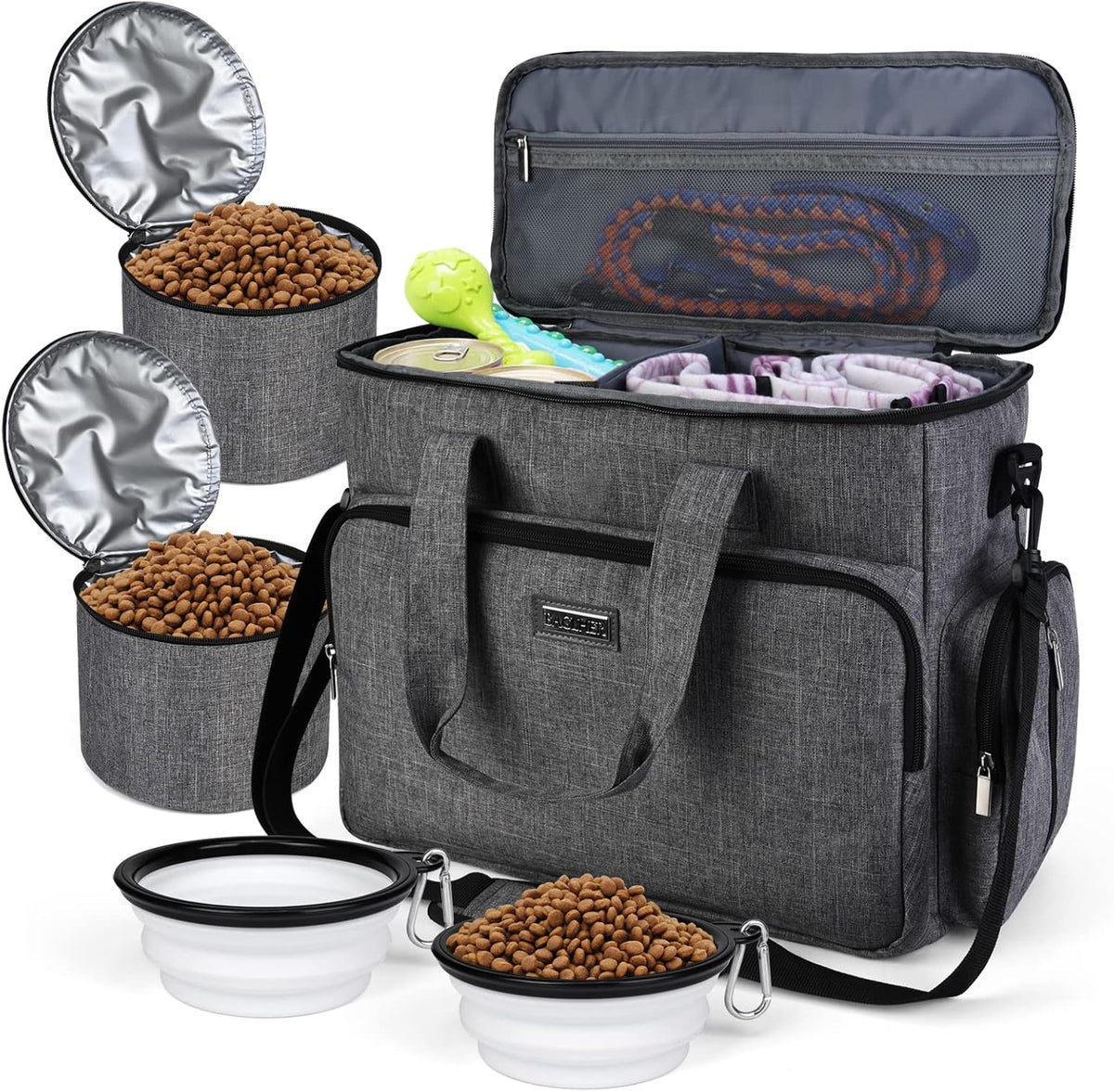BAGLHER Dog Travel Bag, Airline Approved Pet Tote Organizer with Multi-Function Pockets, 2 X Food Storage Containers and 2 X Collapsible Bowls, Perfect Weekend Pet Travel Set for Dog, Cat Black
