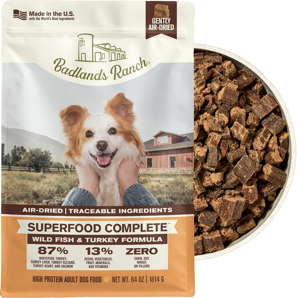 BADLANDS RANCH Air-Dried Fish & Turkey Dog Food, 87% Meat, 24 oz