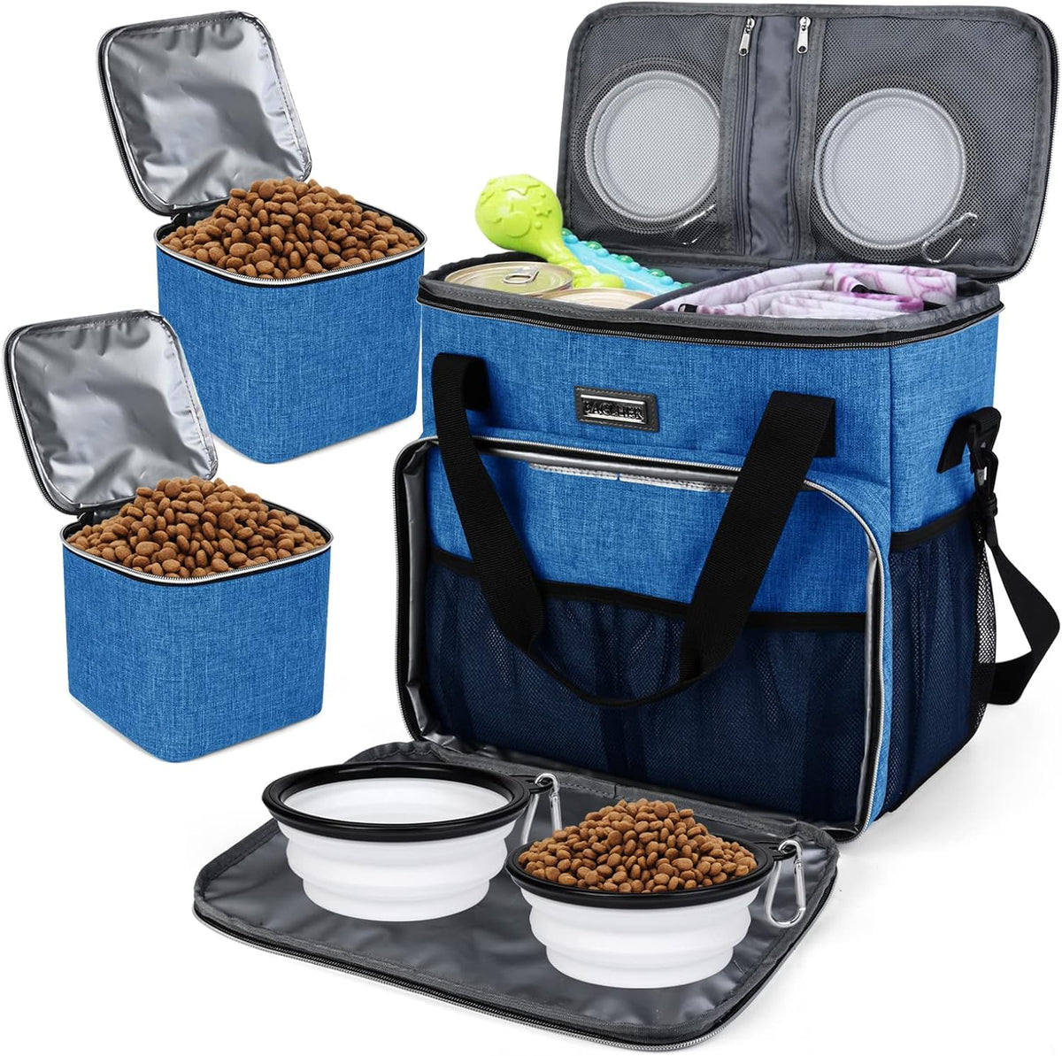BAGLHER Dog Travel Bag, Airline Approved Pet Tote Organizer with Multi-Function Pockets, 2 X Food Storage Containers and 2 X Collapsible Bowls, Perfect Weekend Pet Travel Set for Dog, Cat Black