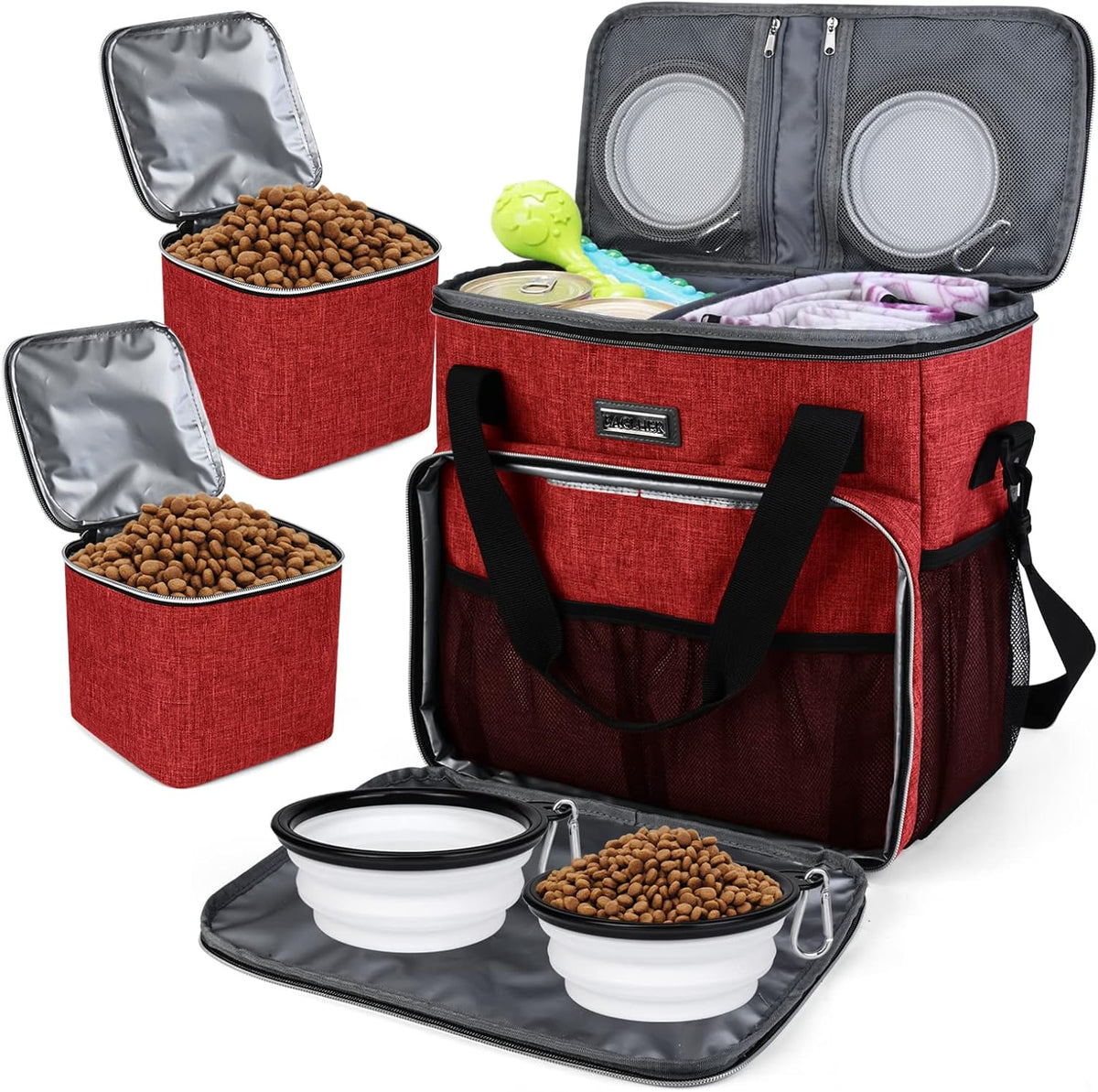 BAGLHER Dog Travel Bag, Airline Approved Pet Tote Organizer with Multi-Function Pockets, 2 X Food Storage Containers and 2 X Collapsible Bowls, Perfect Weekend Pet Travel Set for Dog, Cat Black