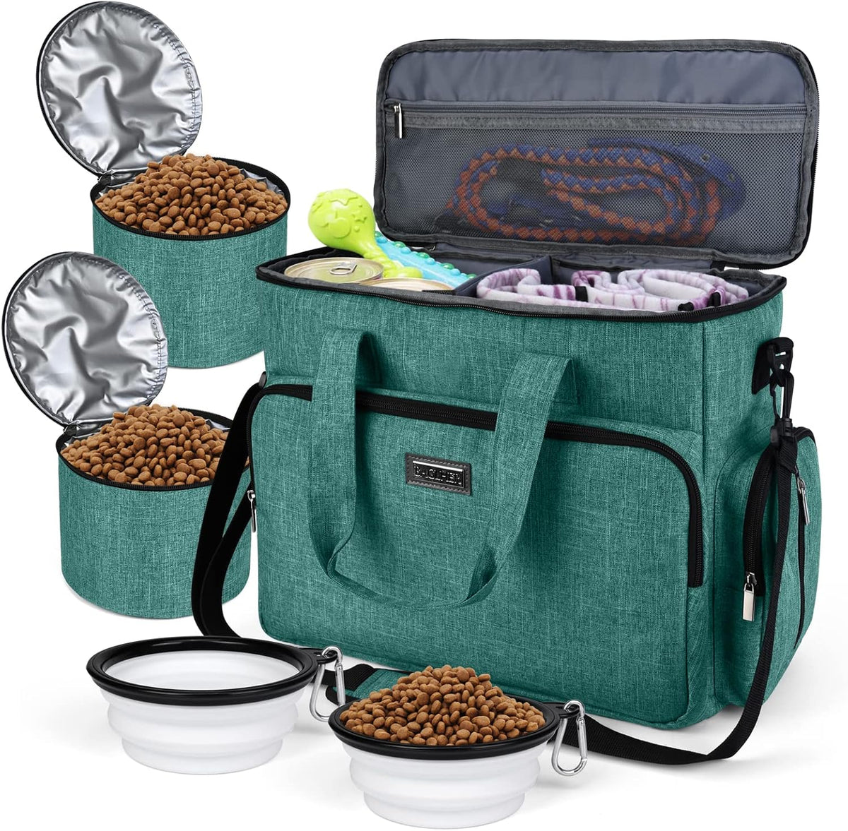 BAGLHER Dog Travel Bag, Airline Approved Pet Tote Organizer with Multi-Function Pockets, 2 X Food Storage Containers and 2 X Collapsible Bowls, Perfect Weekend Pet Travel Set for Dog, Cat Black