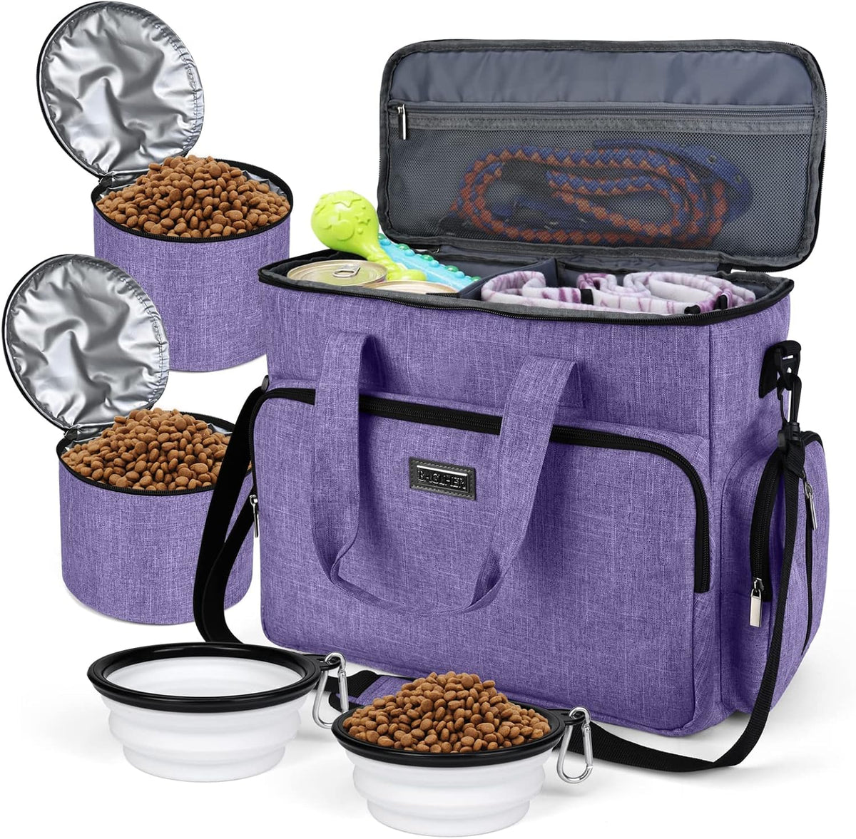 BAGLHER Dog Travel Bag, Airline Approved Pet Tote Organizer with Multi-Function Pockets, 2 X Food Storage Containers and 2 X Collapsible Bowls, Perfect Weekend Pet Travel Set for Dog, Cat Black