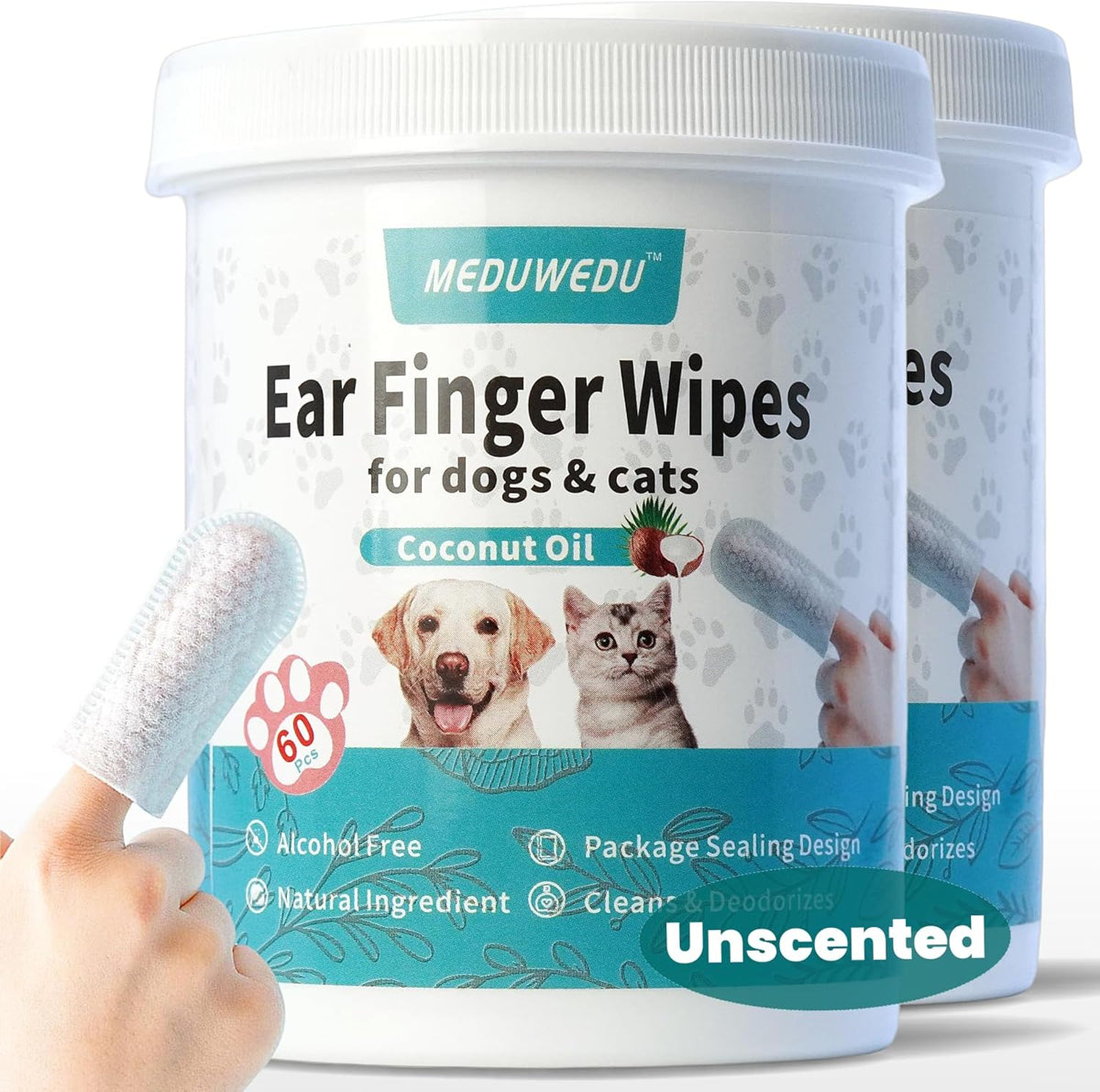 MEDUWEDU Ear Cleaner Finger Wipes 60 Counts, Dog Ear Cleaner, Grooming Kit Care for Dogs and Cats, Soft & Easy Otic Cleaning Pads, Remove Wax, Dirt & Stop Smelly, Itchy, Non-Irritating, Coconut Scent