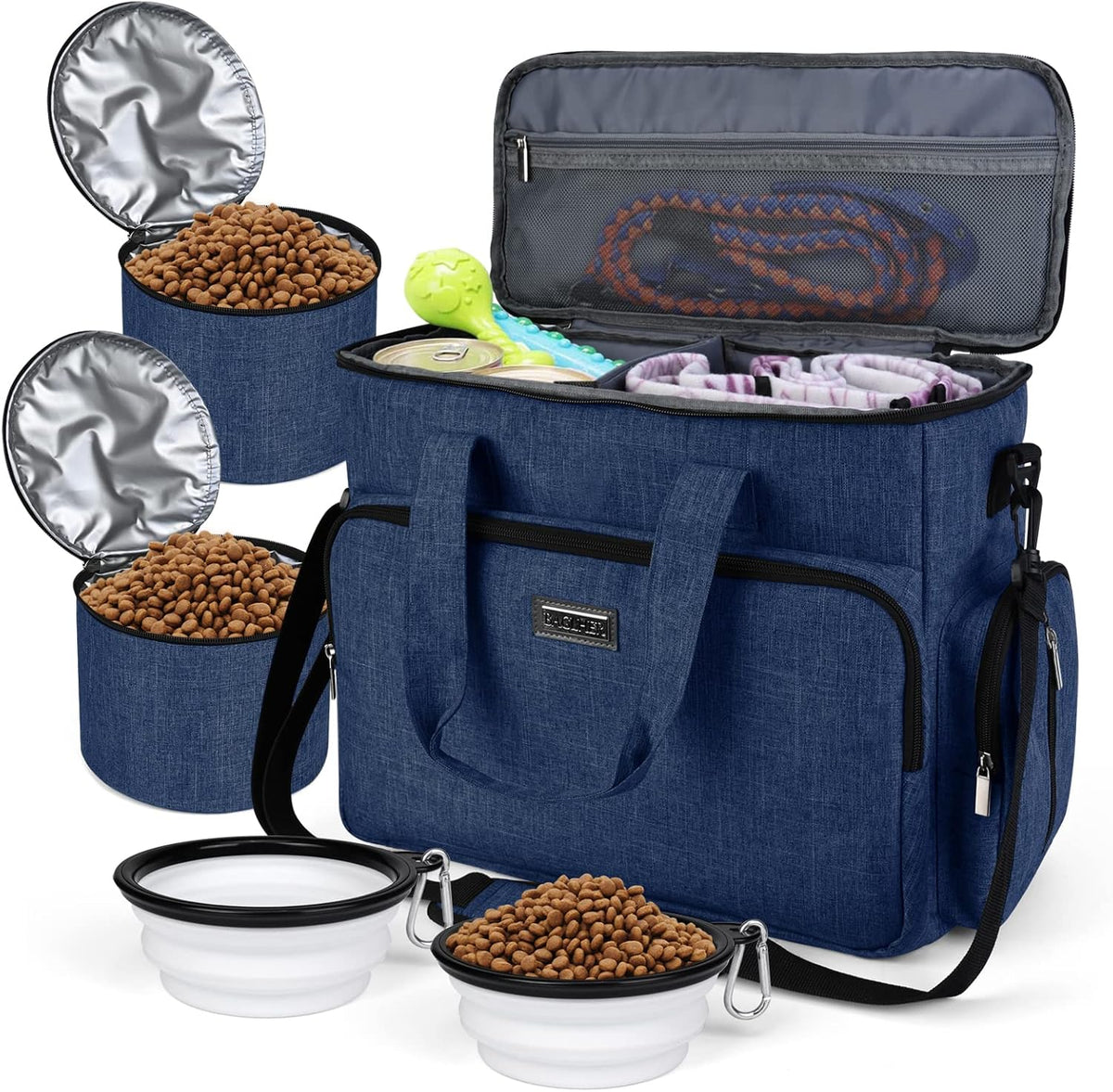 BAGLHER Dog Travel Bag, Airline Approved Pet Tote Organizer with Multi-Function Pockets, 2 X Food Storage Containers and 2 X Collapsible Bowls, Perfect Weekend Pet Travel Set for Dog, Cat Black