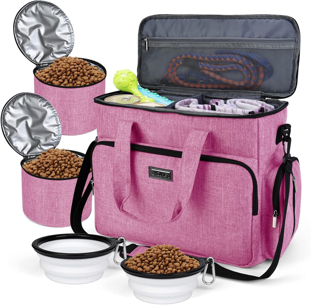 BAGLHER Dog Travel Bag, Airline Approved Pet Tote Organizer with Multi-Function Pockets, 2 X Food Storage Containers and 2 X Collapsible Bowls, Perfect Weekend Pet Travel Set for Dog, Cat Black