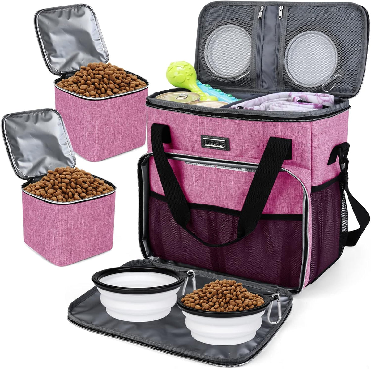 BAGLHER Dog Travel Bag, Airline Approved Pet Tote Organizer with Multi-Function Pockets, 2 X Food Storage Containers and 2 X Collapsible Bowls, Perfect Weekend Pet Travel Set for Dog, Cat Black