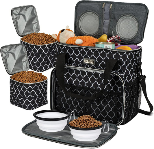 BAGLHER Dog Travel Bag, Airline Approved Pet Tote Organizer with Multi-Function Pockets, 2 X Food Storage Containers and 2 X Collapsible Bowls, Perfect Weekend Pet Travel Set for Dog, Cat Black