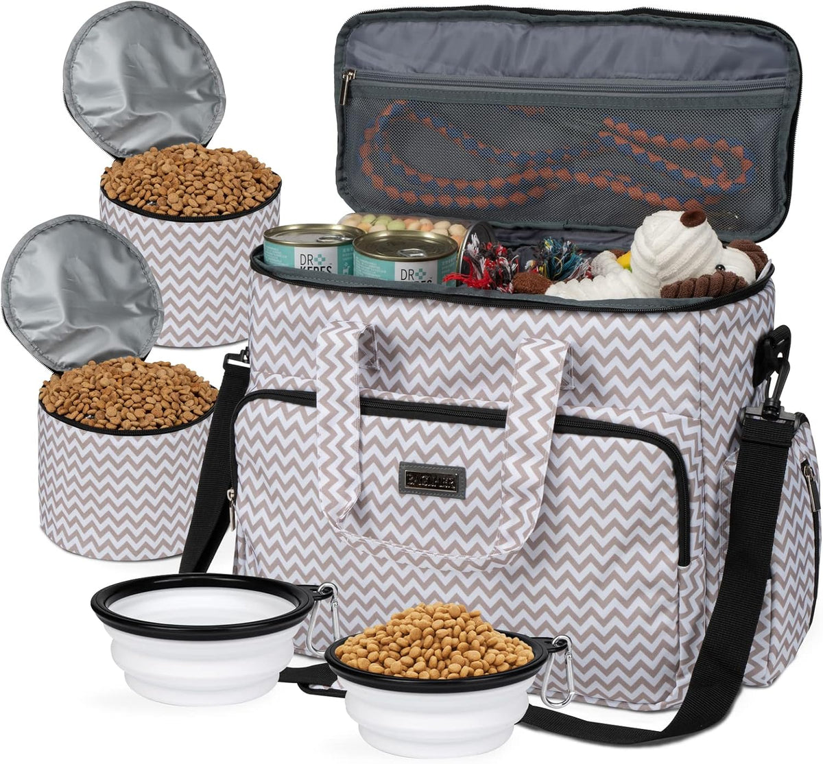 BAGLHER Dog Travel Bag, Airline Approved Pet Tote Organizer with Multi-Function Pockets, 2 X Food Storage Containers and 2 X Collapsible Bowls, Perfect Weekend Pet Travel Set for Dog, Cat Black