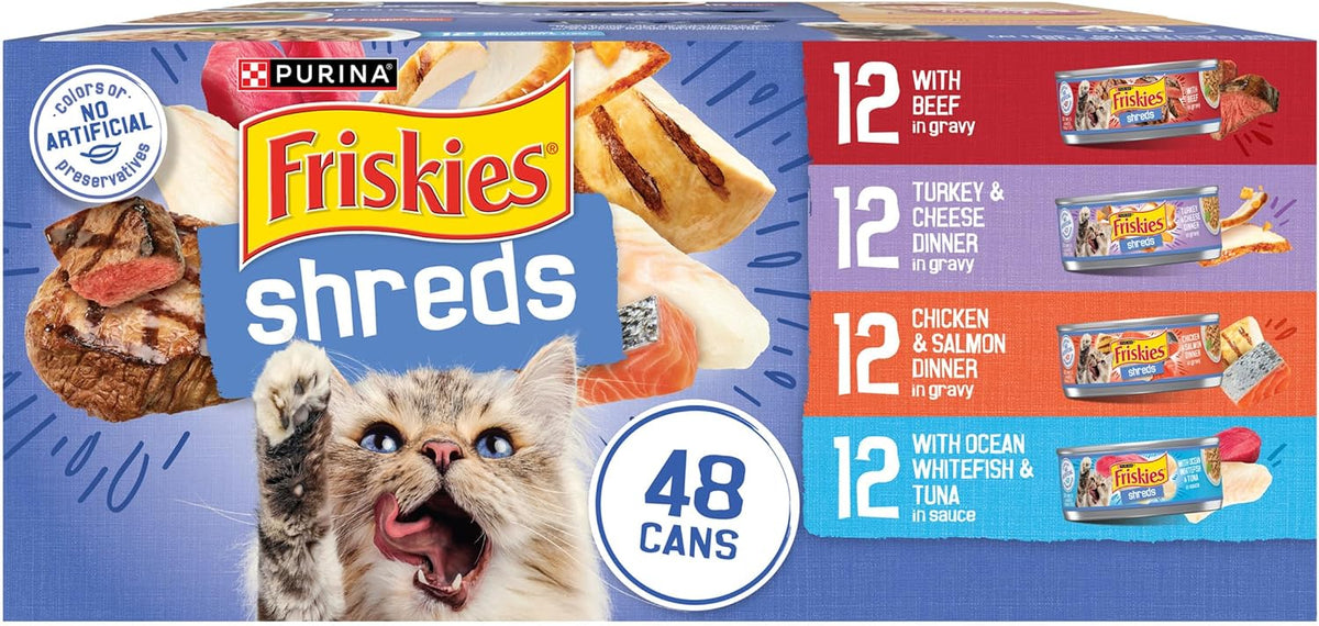 Friskies Purina Wet Cat Food Variety Pack, Shreds with Beef, Turkey & Cheese Dinner, Chicken & Salmon Dinner, and with Ocean Whitefish and Tuna - 5.5 oz. Cans (Pack of 80)