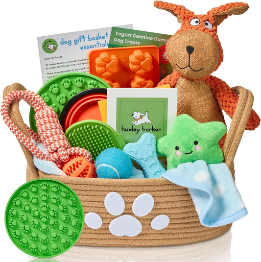Deluxe New Puppy & Dog Gift Basket for Puppies, Adopted Dogs & Small Family Dogs - Dog Lick Mat, Chew Toys, Squeaky Toys, Toy Box, Treat Mold, Pet Blanket - Essential Pet Supplies