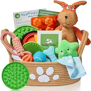 Deluxe New Puppy & Dog Gift Basket for Puppies, Adopted Dogs & Small Family Dogs - Dog Lick Mat, Chew Toys, Squeaky Toys, Toy Box, Treat Mold, Pet Blanket - Essential Pet Supplies