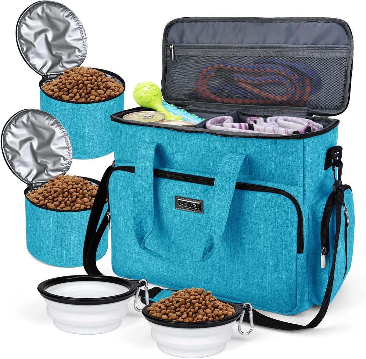 BAGLHER Dog Travel Bag, Airline Approved Pet Tote Organizer with Multi-Function Pockets, 2 X Food Storage Containers and 2 X Collapsible Bowls, Perfect Weekend Pet Travel Set for Dog, Cat Black