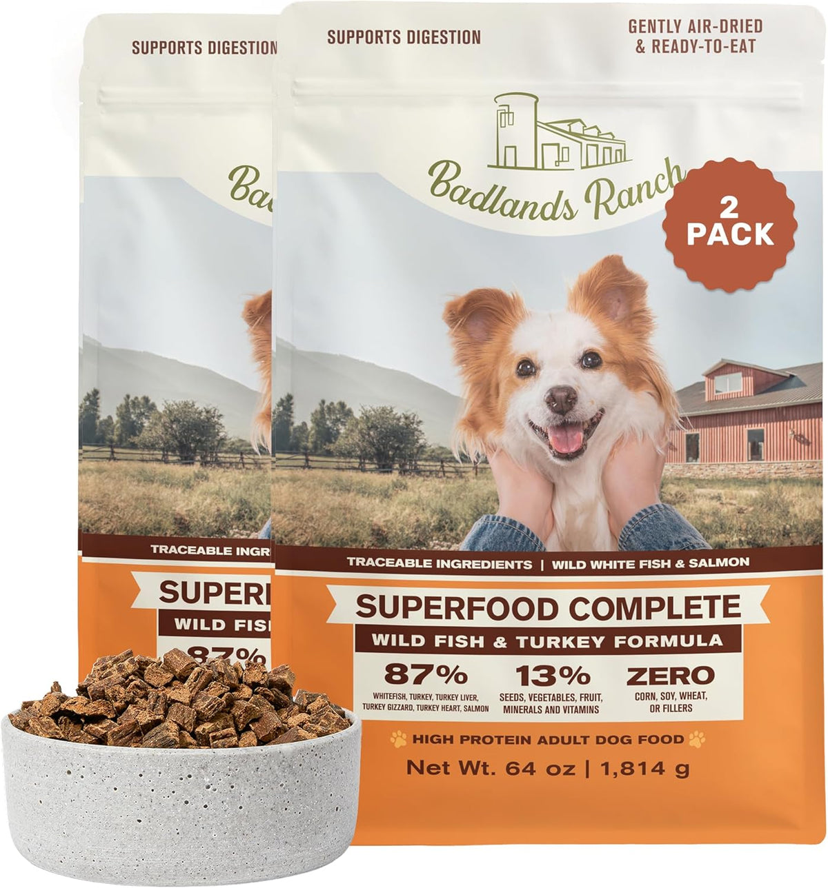 BADLANDS RANCH Air-Dried Fish & Turkey Dog Food, 87% Meat, 24 oz