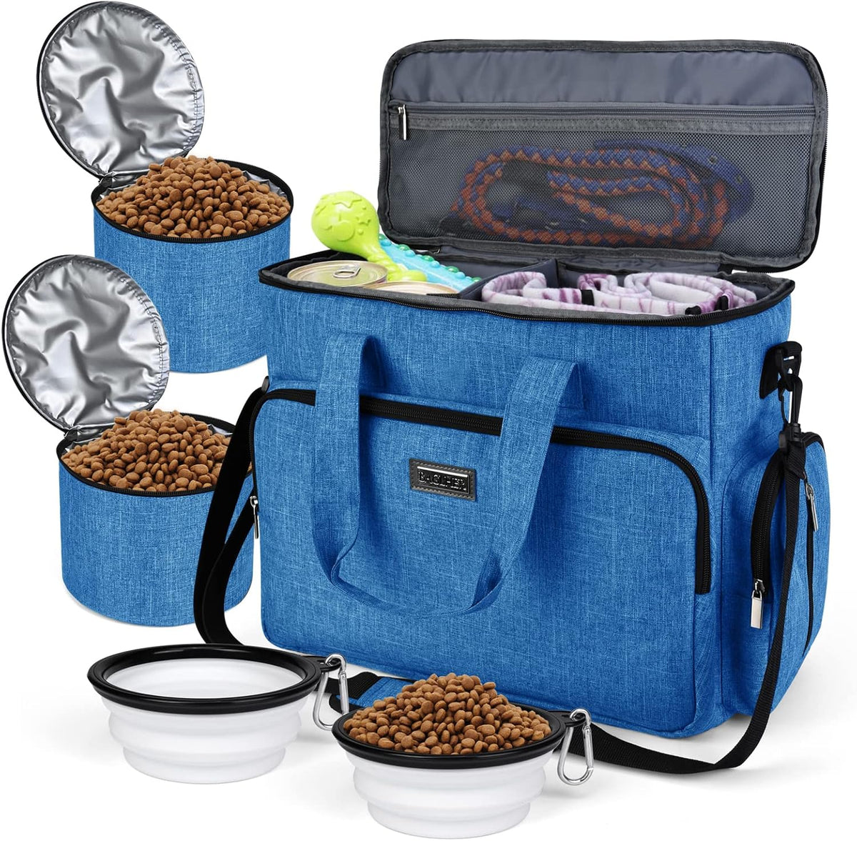 BAGLHER Dog Travel Bag, Airline Approved Pet Tote Organizer with Multi-Function Pockets, 2 X Food Storage Containers and 2 X Collapsible Bowls, Perfect Weekend Pet Travel Set for Dog, Cat Black