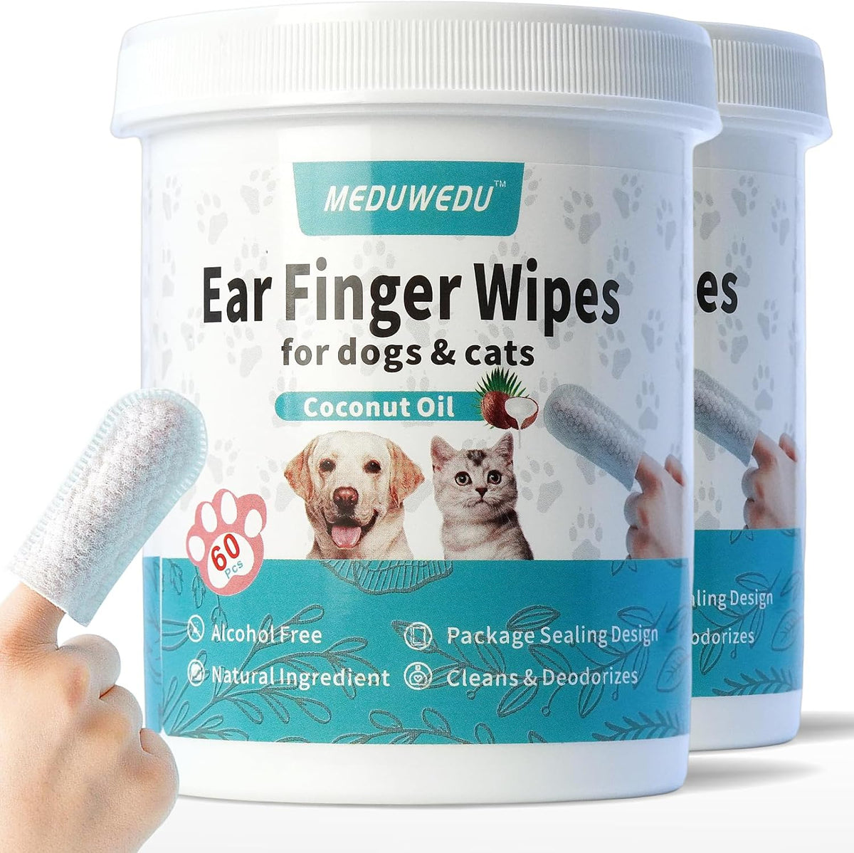 MEDUWEDU Ear Cleaner Finger Wipes 60 Counts, Dog Ear Cleaner, Grooming Kit Care for Dogs and Cats, Soft & Easy Otic Cleaning Pads, Remove Wax, Dirt & Stop Smelly, Itchy, Non-Irritating, Coconut Scent
