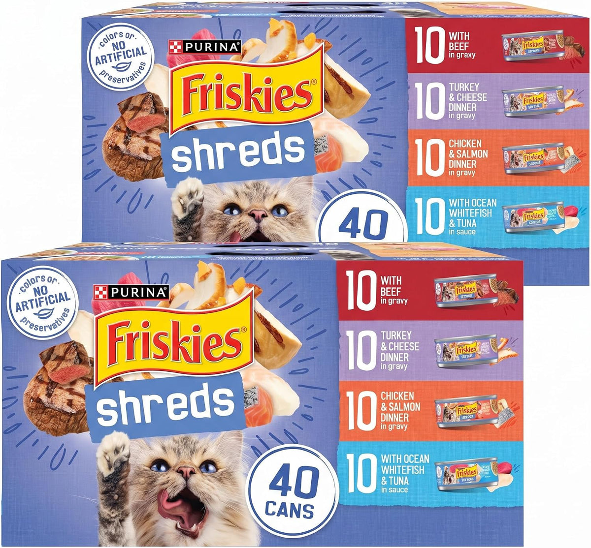 Friskies Purina Wet Cat Food Variety Pack, Shreds with Beef, Turkey & Cheese Dinner, Chicken & Salmon Dinner, and with Ocean Whitefish and Tuna - 5.5 oz. Cans (Pack of 80)